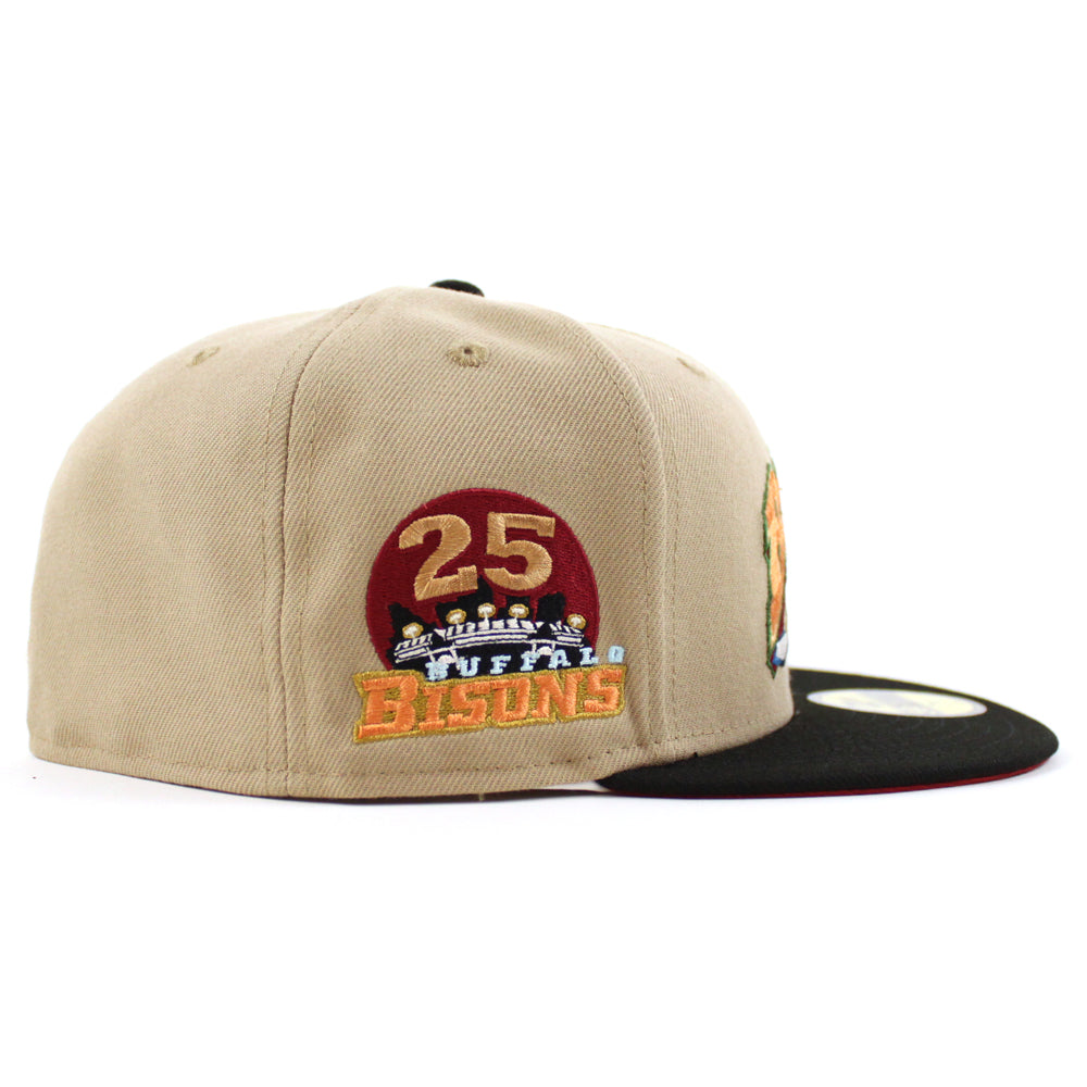 BUFFALO BISONS BISONS 25 Patch New Era 59Fifty Fitted Hat (CAMEL BLACK  PINOT RED Under Brim)