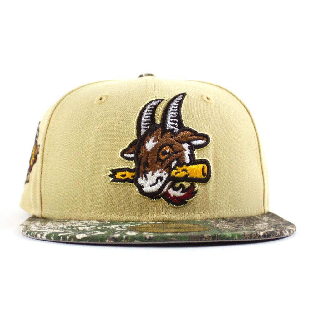Hartford Yard Goats Goat Patch New Era 59FIFTY Fitted Hat (Vegas Gold Real Tree Gray Under BRIM) 7 1/4