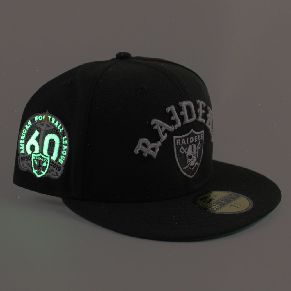 Las Vegas Raiders American Football League 60th Anniversary New Era 59FIFTY Fitted Hat (Black Green Under BRIM) 7 1/2