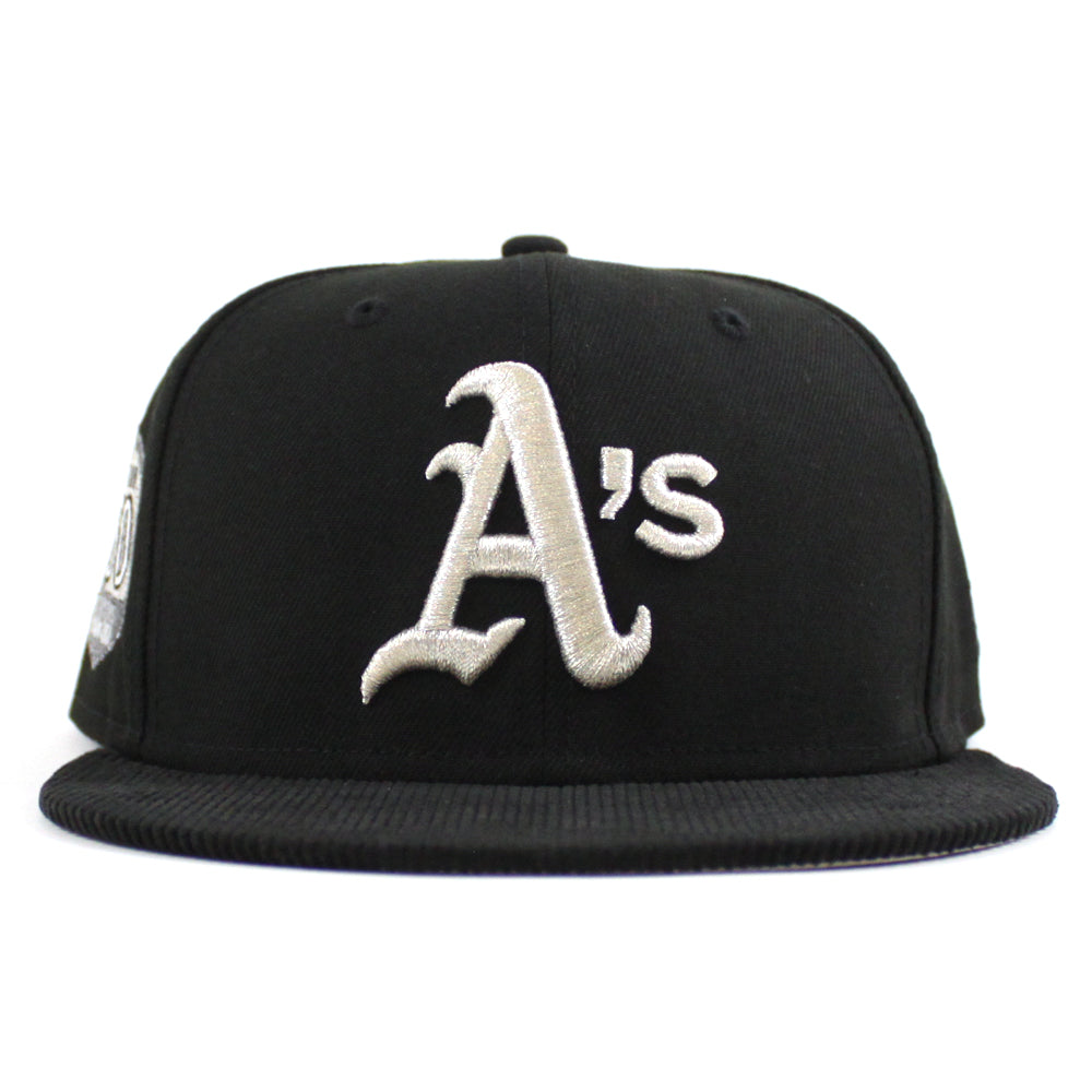 Oakland Athletics 50th Anniversary New Era 59FIFTY Fitted Hat (Black Corduroy Gray Under BRIM) 7 1/4