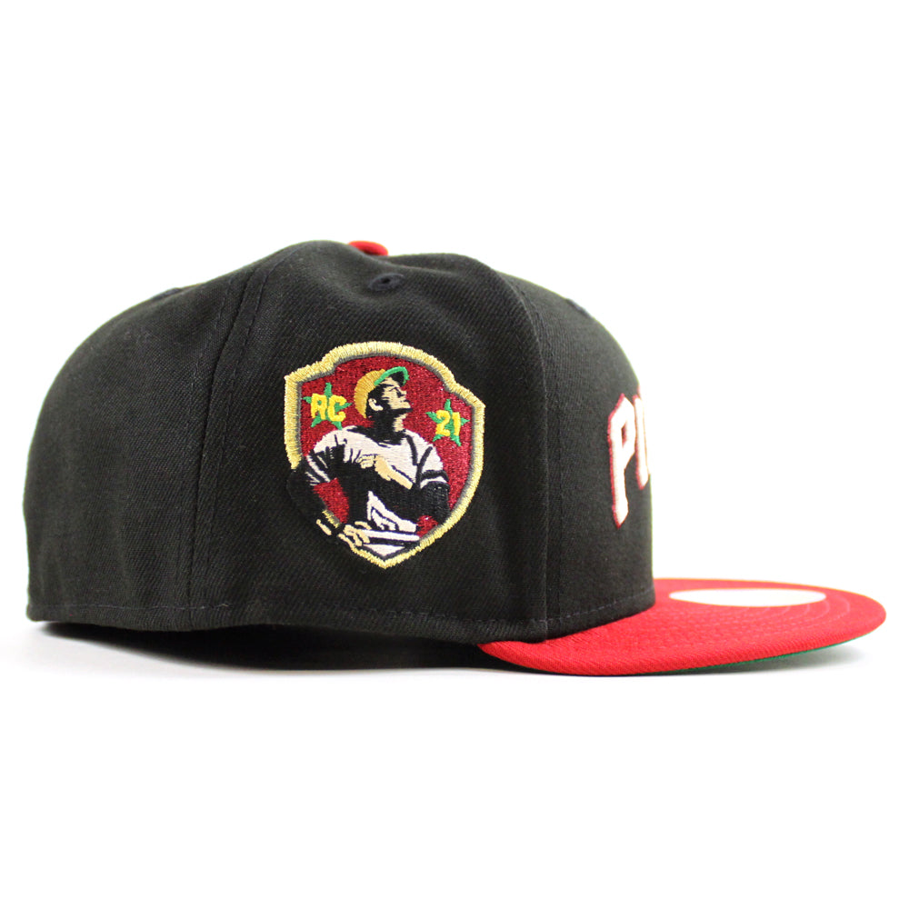 Pittsburgh Pirates Roberto Clemente 21 Patch New Era 59FIFTY Fitted Hat (Black Scarlet Red Green Under BRIM) 7 7/8