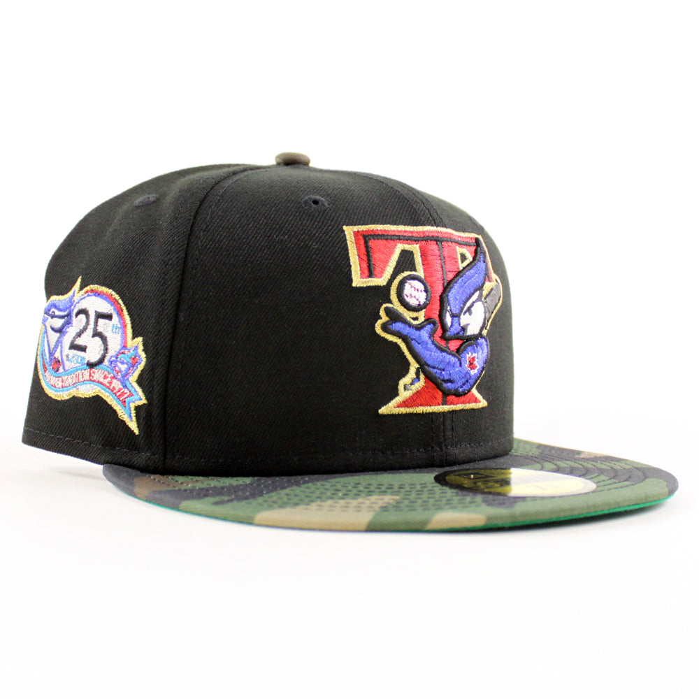 Toronto Blue Jays 25th Anniversary New Era 59FIFTY Fitted Hat (Black Woodland Camo Green Under BRIM) 7 3/4