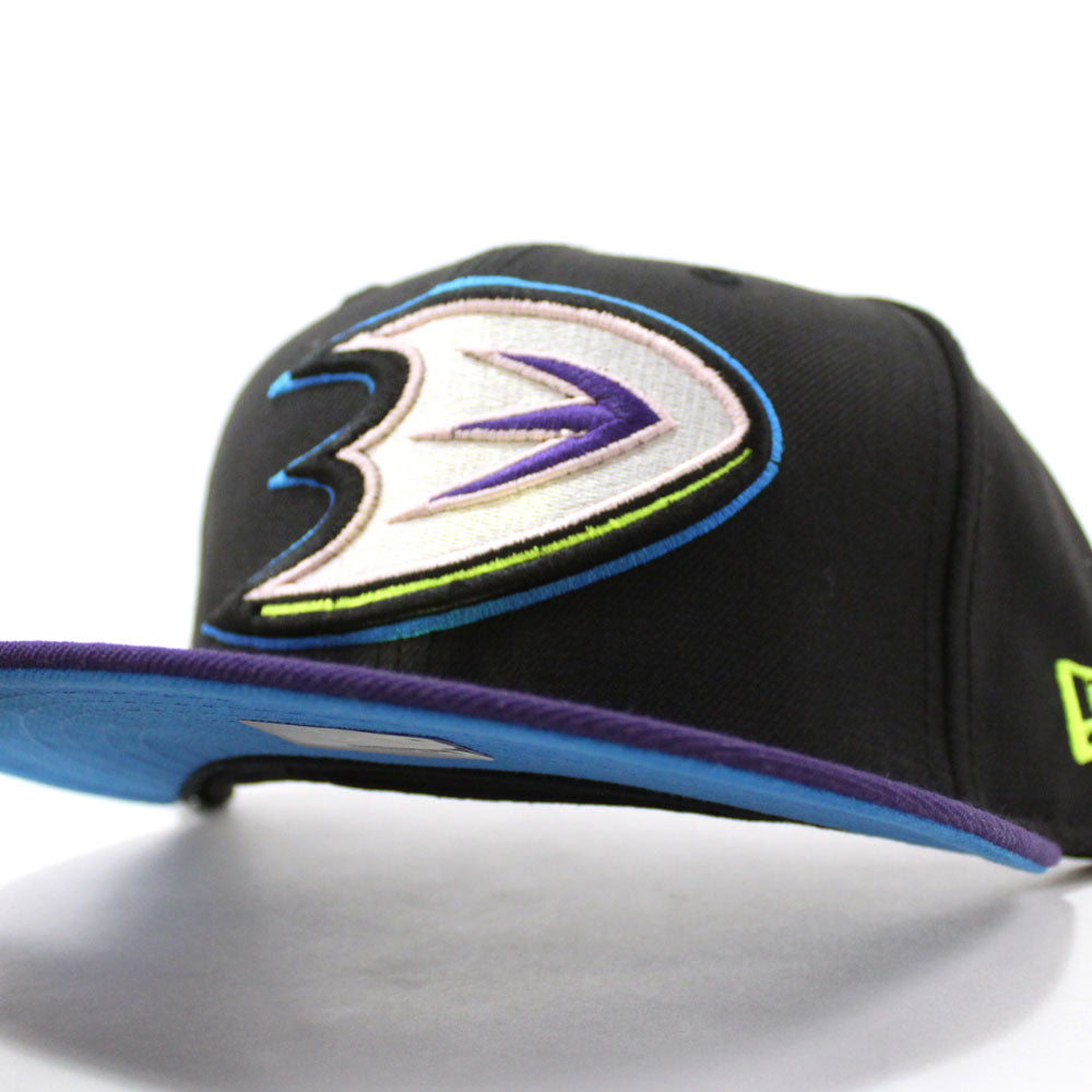 Anaheim Ducks New Era 59FIFTY Fitted Hat (Black Purple Light Blue Under BRIM) 7 1/8