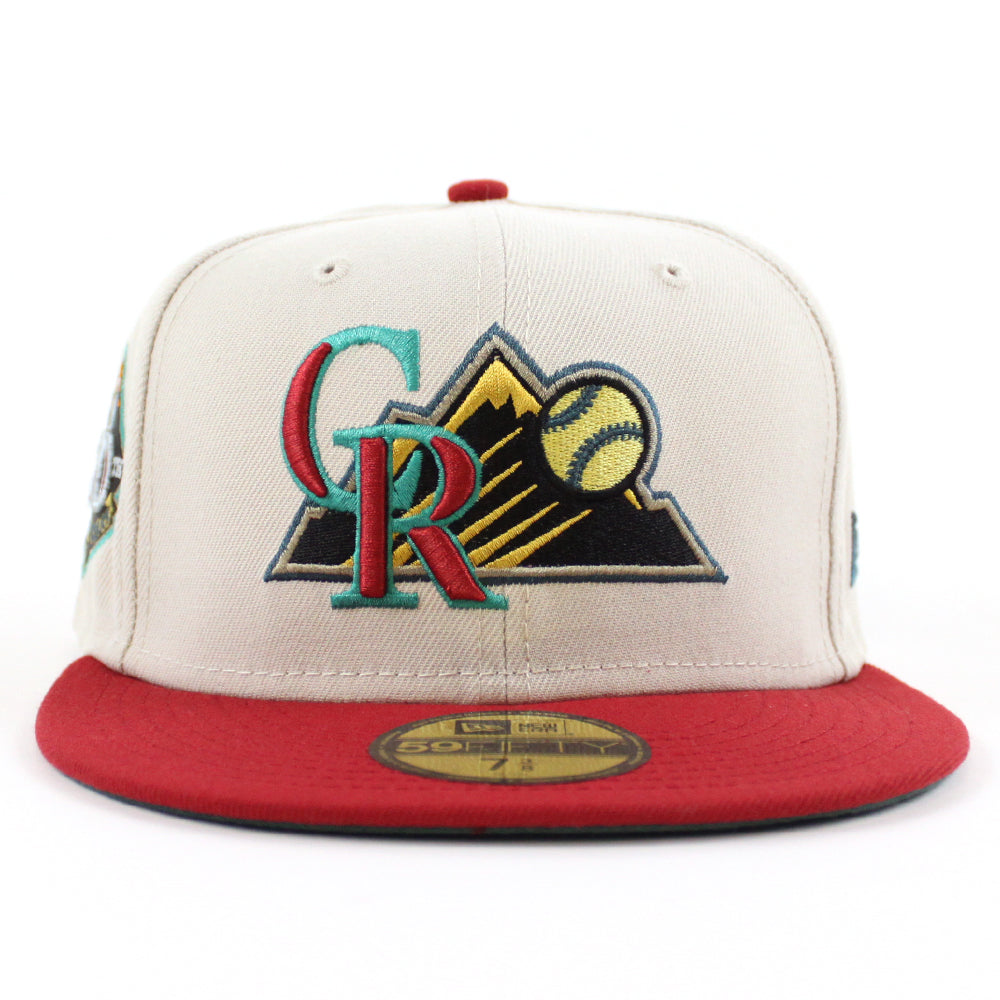 Colorado Rockies 20TH ANNIVERSARY New Era 59Fifty Fitted Hat (STONE PINOT  RED PINE NEEDLE GREEN Under Brim)