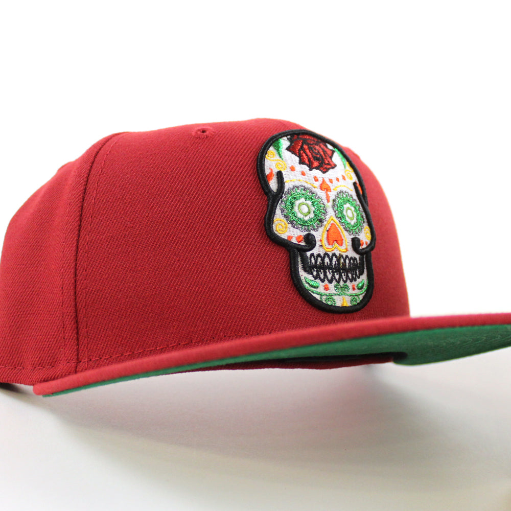 Day of The Dead Sugar Skull 59FIFTY New Era Fitted Hat (Red Green Under BRIM) 7 1/8