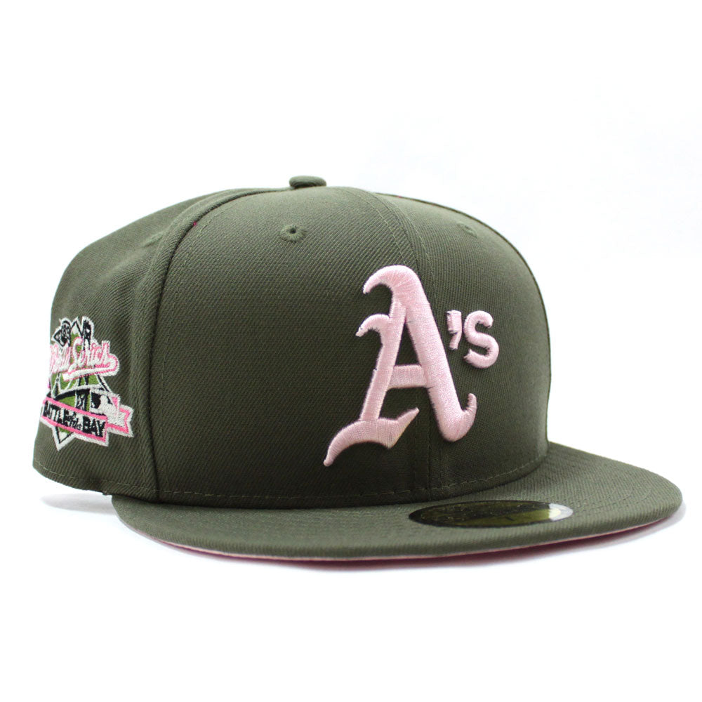 Oakland Athletics 1989 BATTLE OF THE BAY World Series New Era 59Fifty  Fitted Hat (Olive Pink Under Brim)