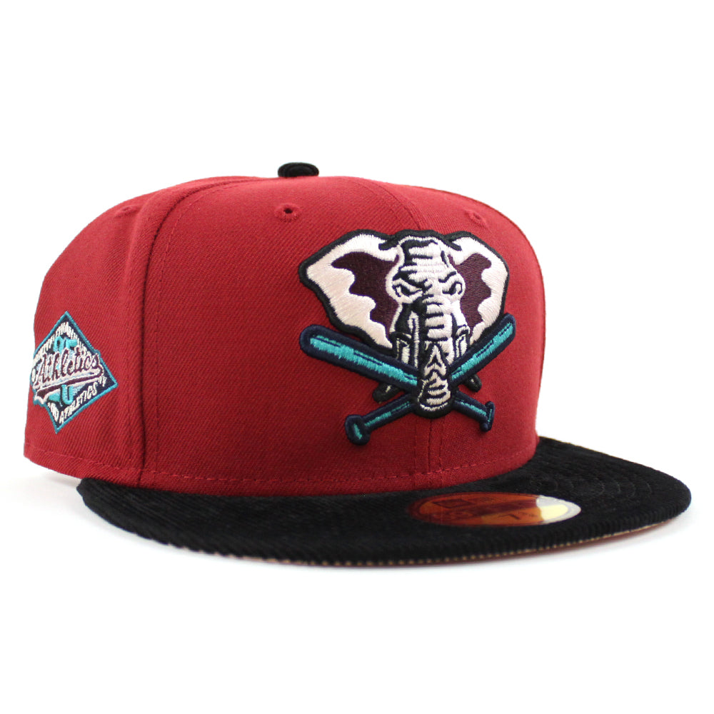 Oakland Athletics 25TH Anniversary New Era 59Fifty Fitted Hat (PINOT RED  BLACK CORDUROY BLUSH SKY Under Brim)