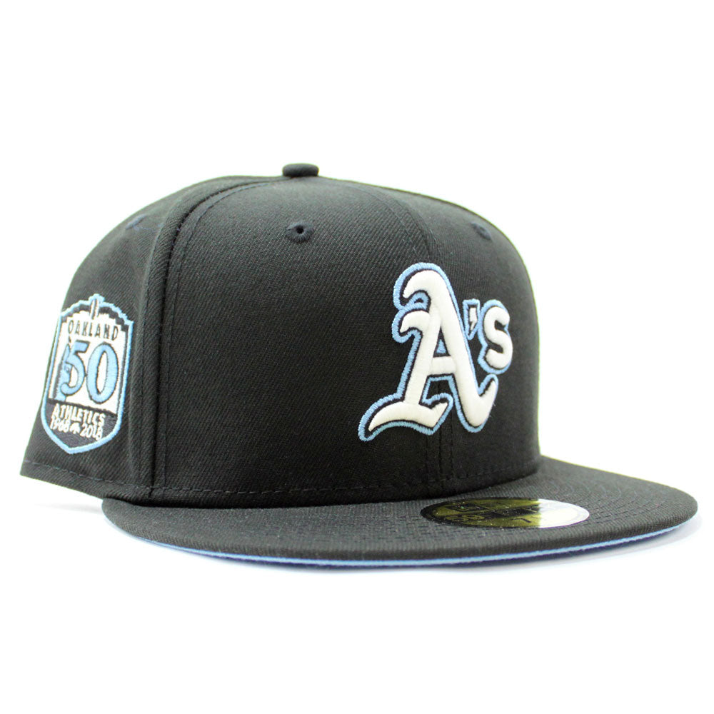 Oakland Athletics 50TH Anniversary New Era 59Fifty Fitted Hat (GITD Sky  Blue Navy Gray Under Brim)