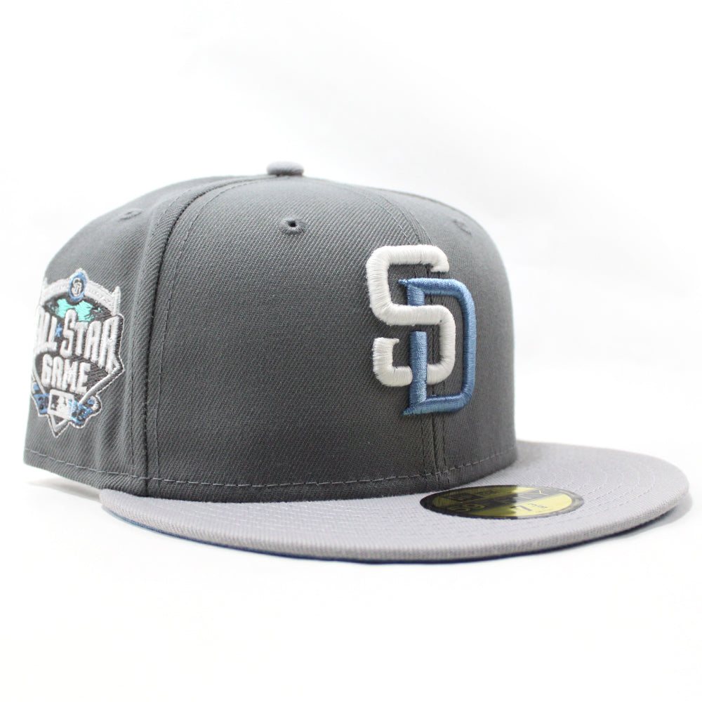 San Diego Padres New Era MLB 59FIFTY 5950 Fitted Cap Hat Blush Sky  Crown/Visor Pink/Sky Blue Logo 2016 All-Star Game Side Patch Sky Blue UV